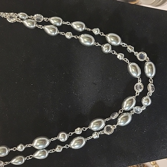 Talbots double strand silver heavy oval bead necklace bezel set clear rhinestone - Picture 11 of 11